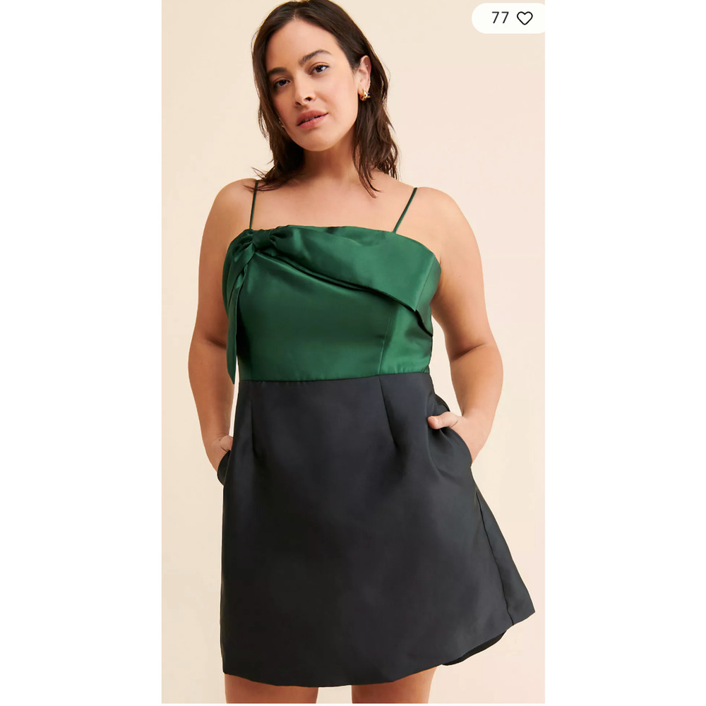 NEW HUTCH ANTHROPOLOGIE BLACK GREEN SERENA BOW MINI DRESS SZ 10